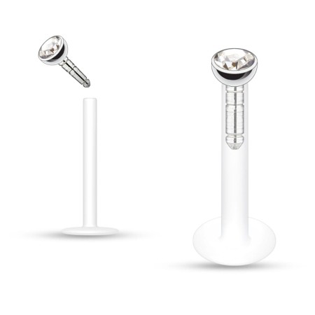 Labret z przezroczystego bioflexu z małym białym kryształkiem. Elastyczny pręcik można przyciąć do odpowiedniej długości. Idealny do helix, forward helix, lobe, conch, tragus oraz piercingu wargi. Hipoalergiczny, bez niklu.