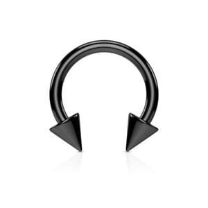 Czarna podkówka z grotami 3x3 mm, idealna do septum, daith, wargi i smileya. Typ gwintu: zewnętrzny.