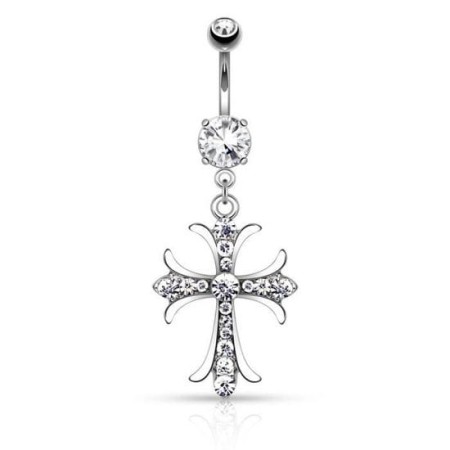 Kolczyk do pępka z celtyckim krzyżem wysadzanym białymi kryształkami. Krzyżyk o wymiarach 19 × 23 mm. Pręt wykonany ze stali chirurgicznej 316L, zawieszka z mosiądzu z powłoką rodu. Typ gwintu: zewnętrzny.