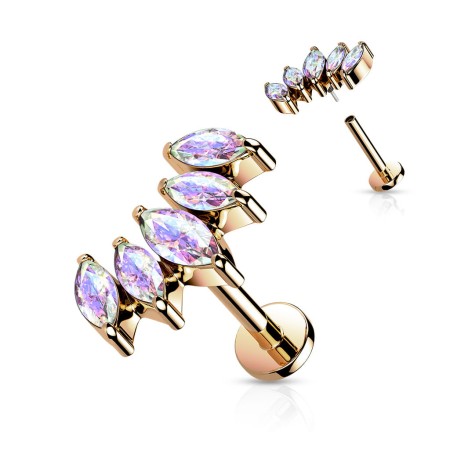 Labret w kolorze różowego złota z łukiem z 5 cyrkonii Virtail Medium w kształcie markizy. Wykonany ze stali chirurgicznej 316L i mosiądzu z powłoką PVD. Idealny do helix, lobe, tragus i conch. Szer. 12 mm, wys. 6 mm.