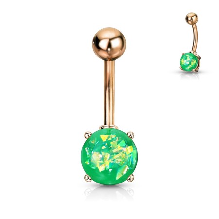 Kolczyk do pępka rose gold z dużą, 8 mm płaską kulką z zielonym syntetycznym opalem o efektownym, metalicznym połysku syrenki. Wykonany ze stali chirurgicznej 316L z powłoką PVD. Typ gwintu: zewnętrzny.