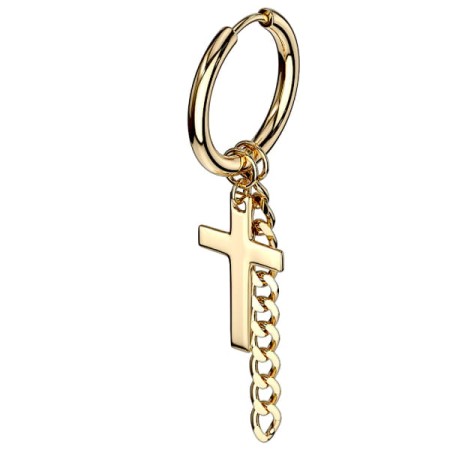 Złote kółeczko huggie z krzyżem i łańcuszkiem, idealne do lobe i helix. Wygodne zapięcie na klik, łatwe do samodzielnego założenia. Wykonane ze stali chirurgicznej 316L z powłoką IP.