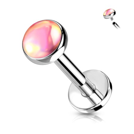 Labret z opalizującym różowym kamieniem Iridescent Stone, mieniącym się kolorowymi odblaskami zmieniającymi się pod kątem obserwacji. Dostępny w długościach 6 i 8 mm. Idealny do ucha i wargi.