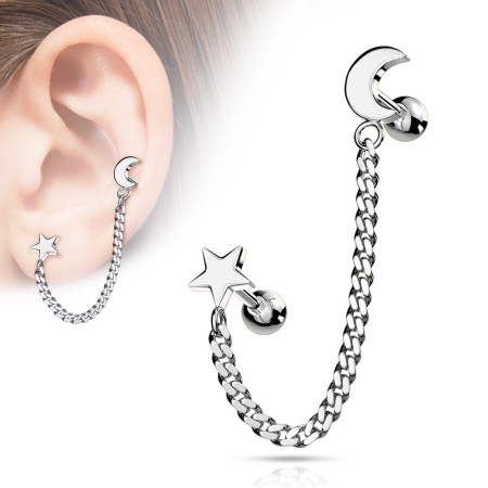 Kolczyk z łańcuszkiem, księżycem i gwiazdką – idealny do połączenia dwóch przekłuć (np. lobe i low helix). Łańcuszek ok. 4 cm. Wykonany ze stali chirurgicznej 316L. Typ gwintu: zewnętrzny.