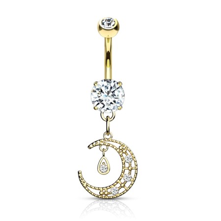 Elegancki kolczyk do pępka ze stalową sztangą 316L i złoconą mosiężną zawieszką w kształcie księżyca. Długość 38,8 mm, gwint zewnętrzny. Idealny na wieczorne, romantyczne chwile.