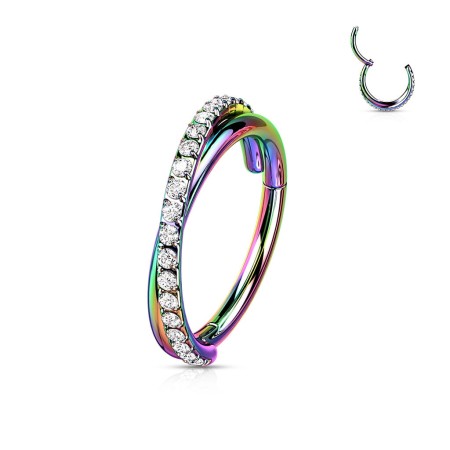 Tęczowy clicker z plecioną obręczą ze stali chirurgicznej 316L z powłoką PVD. Idealny do septum, daith, conch, helix, lip ring i płatka ucha. Łatwy system kliknięcia umożliwia samodzielne zakładanie.