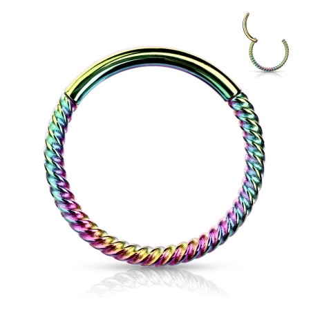 Tęczowy clicker z plecioną obręczą ze stali chirurgicznej 316L z powłoką PVD. Idealny do septum, daith, conch, helix, lip ring i płatka ucha. Łatwy system kliknięcia umożliwia samodzielne zakładanie.
