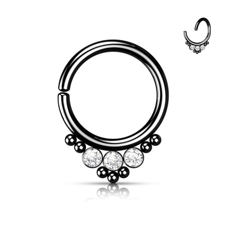 Rozginane czarne kółeczko Cluster Beads Crystals ze stali chirurgicznej 316L z powłoką PVD. Z clusterem koralików i kryształków. Idealne do septum i daith. Łatwe zakładanie przez delikatne rozgięcie.