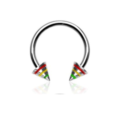 Klasyczna podkówka z grotami ze stalą chirurgiczną 316L, z kolorowymi wyżłobionymi paskami. Idealna do septum, daith, lip ring i brwi. Typ gwintu: zewnętrzny.