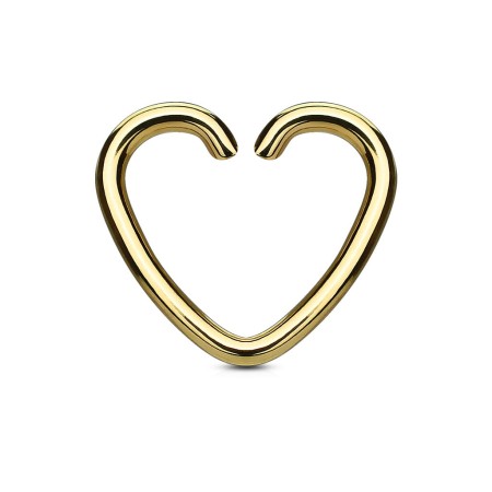 Złote serduszko z rozginanym zapięciem, wykonane ze stali chirurgicznej 316L z powłoką IP. Idealne do daith i innych przekłuć w uchu. Delikatnie rozginane do boku przed założeniem.