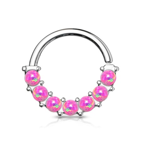 Rozginane kółeczko z 7 różowymi opalami na obręczy. Idealne do piercingu septum lub daith. Wykonane ze stali chirurgicznej 316L. Łatwe w zakładaniu dzięki możliwości delikatnego rozgięcia i ponownego zagięcia.