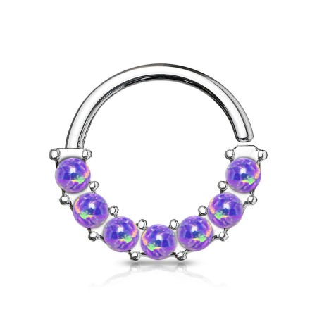 Rozginane kółeczko z 7 fioletowymi opalami na obręczy. Idealne do piercingu septum lub daith. Wykonane ze stali chirurgicznej 316L. Łatwe w zakładaniu dzięki możliwości delikatnego rozgięcia i ponownego zagięcia.
