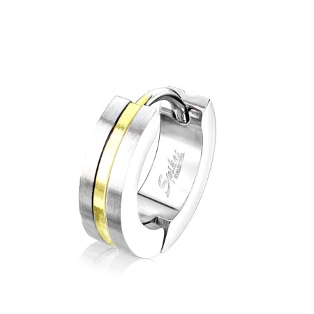 Kółeczko Huggie Gold Stripe — klasyczne kółeczko do płatka ucha ze złotym paskiem po środku obręczy. System zamykania na kliknięcie ułatwia samodzielne zakładanie. Średnica 9 mm. Wykonane ze stali chirurgicznej 316L.