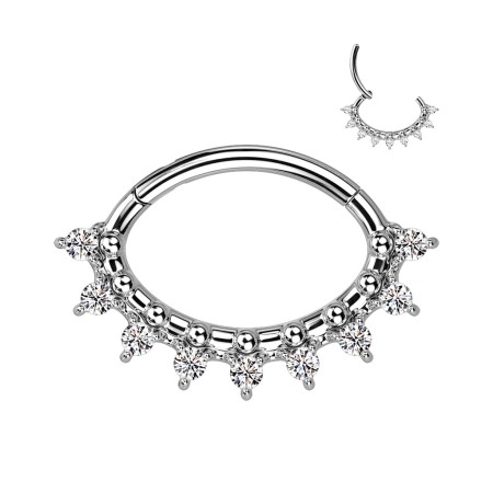 Owalny clicker z ozdobnym wachlarzem i kryształowym zdobieniem. Idealny do septum i Daith. Łatwy system kliknięcia pozwala na samodzielne zakładanie. Wykonany ze stali chirurgicznej 316L.