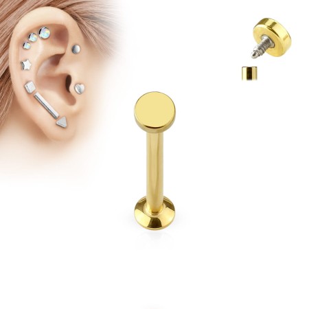 Złoty labret z płaskim dyskiem 4 mm, wykonany ze stali chirurgicznej 316L z powłoką IP. Gwint wewnętrzny. Idealny do przekłuć typu lobe, tragus, helix, conch, forward helix oraz wargi (medusa, monroe, madonna).