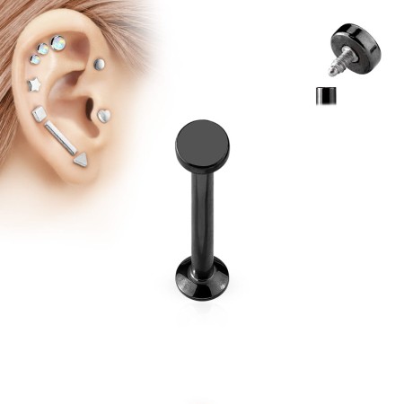 Czarny labret z płaskim dyskiem 4 mm, wykonany ze stali chirurgicznej 316L z powłoką IP. Gwint wewnętrzny. Idealny do przekłuć typu lobe, tragus, helix, conch, forward helix oraz wargi (medusa, monroe, madonna).