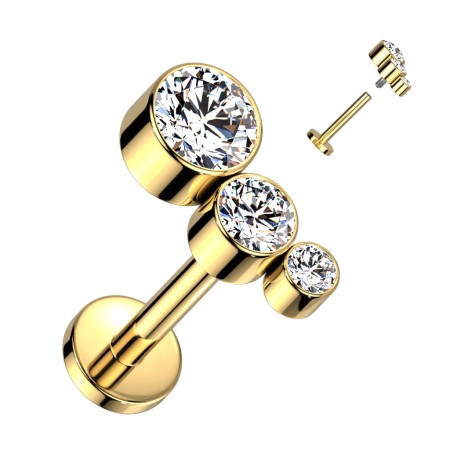 Tytanowy złoty labret z łukiem ozdobionym 3 cyrkoniami w rozmiarach 5, 4 i 3 mm. Pręt 1,2 mm, gwint wewnętrzny 0,9 mm. Wykonany z tytanu chirurgicznego G23 z powłoką PVD. Idealny na świeże przekłucia i dla alergików.