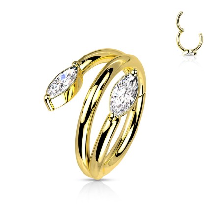 Clicker Double Vine Marquise – złota pojedyncza obręcz z dwoma gałązkami w formie półobręczy, zakończonymi białymi cyrkoniami markizy. Idealny do conch, helix i lobe. Wykonany ze stali 316Lz powłoka PVD.