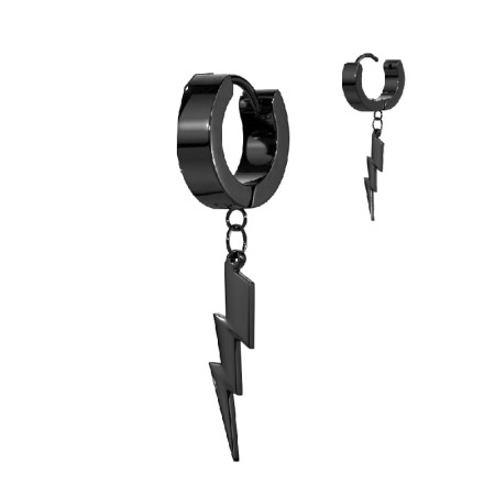 Czarne kółeczko huggie z zawieszką błyskawicą, idealne do lobe. Łatwy system kliknięcia do samodzielnego montażu. Grubość 4 mm, średnica 10 mm, zawieszka 20 mm. Wykonane ze stali chirurgicznej 316L.