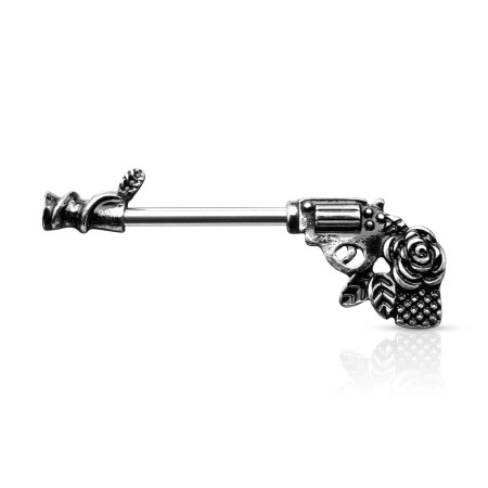 Kolczyk do sutka w formie rewolweru ze zdobieniem róży.  Wymiary: szer. 35,8 mm, wys. 14 mm.