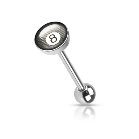 Kolczyk do języka z czarną bilą 8. Dysk pokryty żywicą epoksydową, dzięki czemu powierzchnia jest gładka i nie drażni języka ani podniebienia. Typ gwintu: zewnętrzny.
