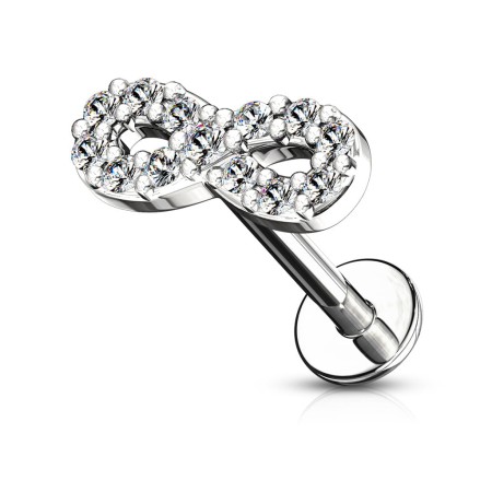 Labret Infinity z kryształowym symbolem nieskończoności CZ. Nakrętka 8,2 mm, gwint wewnętrzny. Idealny do lobe, helix, tragus, conch. Pręt ze stali 316L, nakrętka z mosiądzu pokryta rodem.