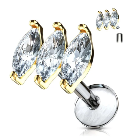Labret Gold Triple Marquise z trzema kryształowymi markizami CZ w złotej oprawie. Nakrętka 4,9x6,37 mm, gwint wewnętrzny. Idealny do piercingu lobe, helix, tragus, conch. Pręt ze stali chirurgicznej 316L, nakrętka z mosiądzu pokryta złotą powłoką IP.