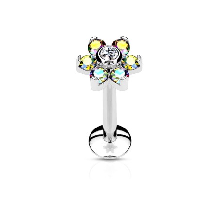 Labret z opalizującymi płatkami kwiatka w kolorach Aurora Borealis. Nakrętka na gwint wewnętrzny. Idealny do piercingu lobe, helix, tragus, conch oraz wargi jak madonna, medusa czy ashley. Wykonany ze stali chirurgicznej 316L z powłoką IP.