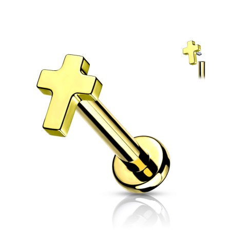 Tytanowy złoty labret z nakrętką w kształcie krzyżyka, idealny na świeże przekłucia i dla alergików. Pasuje do helix, lobe, tragus, conch i innych. Wykonany z tytanu G23, gwint wewnętrzny 1,2 mm.