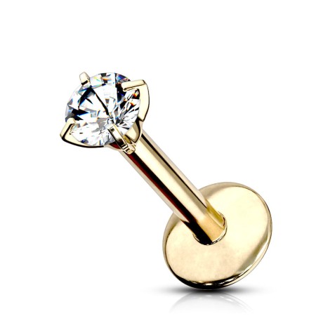 Tytanowy złoty labret z białą cyrkonią kubiczną w uchwycie poczwórnym