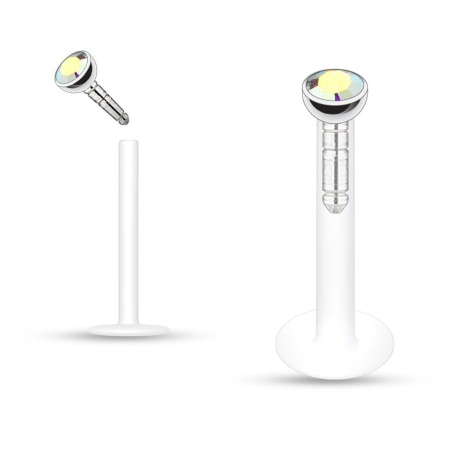 Przezroczysty labret z bioflexu z opalizującym kryształkiem Aurora Borealis. Elastyczny, hipoalergiczny materiał bez niklu, łatwy do przycięcia. Idealny do helix, lobe, tragus i piercingu wargi. Typ gwintu: push in.