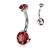 Kolczyk do pępka z dwoma dużymi czerwonymi kryształkami, górna kulka z gwintem wewnętrznym. Wykonany ze stali chirurgicznej 316L.