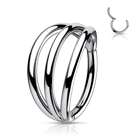 Tytanowy clicker z trzema obręczami, idealny do piercingu conch, helix i lobe. Wygodne zapięcie na klik ułatwia zakładanie. Wykonany z tytanu chirurgicznego TITANIUM ASTM F-136 – lekki, trwały i bezpieczny.
