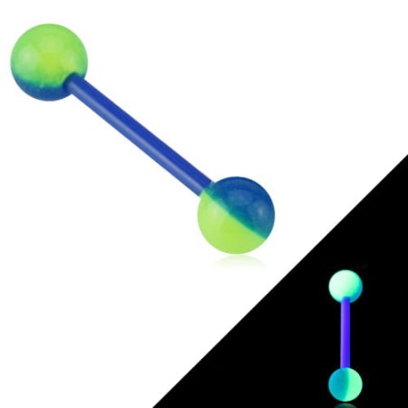 Kolczyk do języka z bioflexu z kulkami świecącymi w ciemności na zielono-niebiesko. Lekki i bezpieczny dla zębów, idealny do codziennego noszenia.