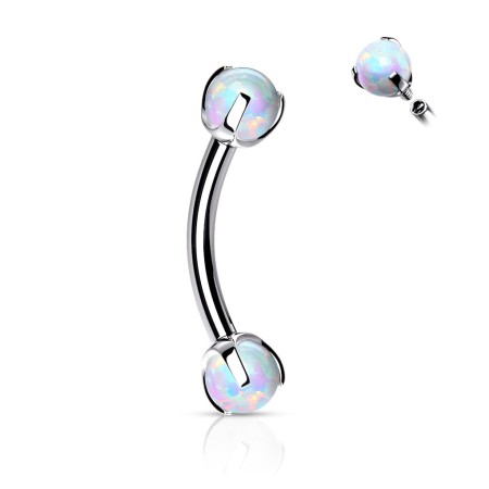 kolczyk typu banan z białymi opalami – elegancki kolczyk do snug, rook, vertical labret i brwi. Wykonany ze stali chirurgicznej 316L z powłoką PVD. Gwint wewnętrzny.