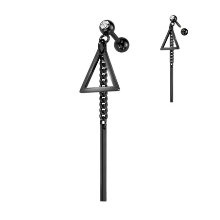 Czarna sztanga do ucha z białą cyrkonią 4 mm i zawieszką Triangle o długości 44,7 mm. Idealna do helix, lobe, upper lobe i flat helix. Wykonana ze stali chirurgicznej 316L z powłoką PVD. Typ gwintu: zewnętrzny.
