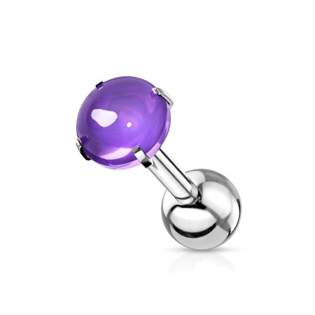 Sztanga z gładką, kaboszonową fioletową cyrkonią 4 mm, idealna do piercingu lobe, helix, conch i tragus. Wykonana ze stali chirurgicznej 316L, z zewnętrznym gwintem i odkręcaną dolną kuleczką dla wygody noszenia.