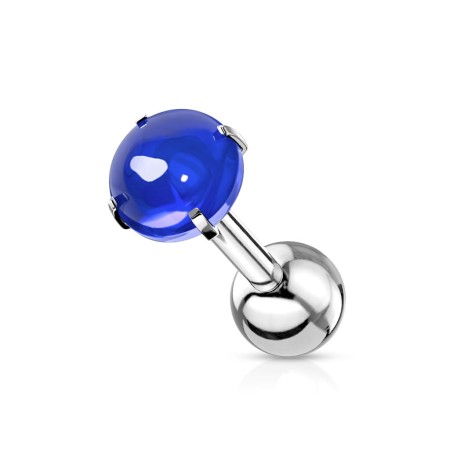Sztanga z gładką, kaboszonową niebieską cyrkonią 4 mm, idealna do piercingu lobe, helix, conch i tragus. Wykonana ze stali chirurgicznej 316L, z zewnętrznym gwintem i odkręcaną dolną kuleczką dla wygody noszenia.