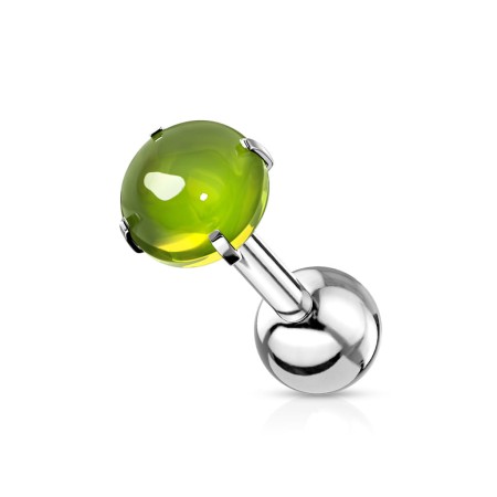 Sztanga z gładką, kaboszonową zieloną cyrkonią 4 mm, idealna do piercingu lobe, helix, conch i tragus. Wykonana ze stali chirurgicznej 316L, z zewnętrznym gwintem i odkręcaną dolną kuleczką dla wygody noszenia.