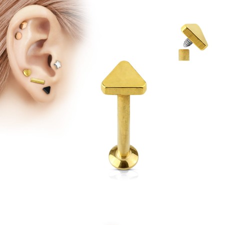 Złoty labret z płaskim trójkątem 3x3 mm, wykonany ze stali chirurgicznej 316L z gwintem wewnętrznym. Idealny do przekłuć ucha (lobe, tragus, helix, conch) oraz wargi (medusa, monroe, madonna). Stylowy i wygodny.