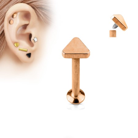 Labret z płaskim trójkątem 3x3 mm, wykonany ze stali chirurgicznej 316L z gwintem wewnętrznym. Idealny do przekłuć ucha (lobe, tragus, helix, conch) oraz wargi (medusa, monroe, madonna). Modny kolor różowego złota dzięki powłoce PVD.