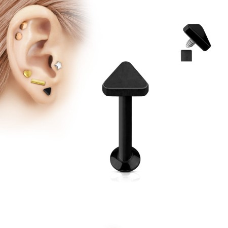 Czarny labret z płaskim trójkątem 3x3 mm, wykonany ze stali chirurgicznej 316L  z gwintem wewnętrznym. Idealny do przekłuć ucha (lobe, tragus, helix, conch) oraz wargi (medusa, monroe, madonna). Stylowy i wygodny.