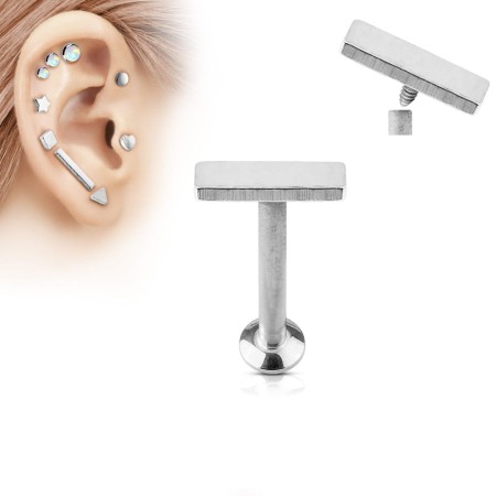 labret ze stali chirurgicznej 316L i z gwintem wewnętrznym. Nakrętka w formie prostokąta w wymierze 2x6 mm. Idealny do przekłuć ucha: lobe, tragus, helix, conch i forward helix. Nowoczesny, trwały i wygodny w noszeniu.