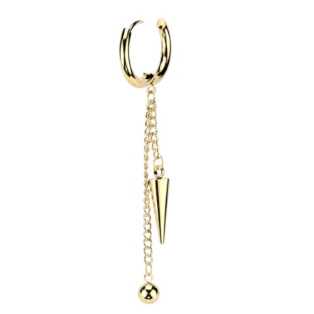 Złote kółeczko huggie z podwójną zawieszką i stożkiem. Wykonane ze stali chirurgicznej 316L z powłoką PVD. Gruba obręcz, wygodny zatrzask clicker, średnica 12 mm, długość z zawieszką 61,8 mm. Idealne na płatek ucha.