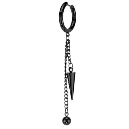 Czarne kółeczko huggie z podwójną zawieszką i stożkiem. Wykonane ze stali chirurgicznej 316L z powłoką PVD. Gruba obręcz, wygodny zatrzask clicker, średnica 12 mm, długość z zawieszką 61,8 mm. Idealne na płatek ucha.