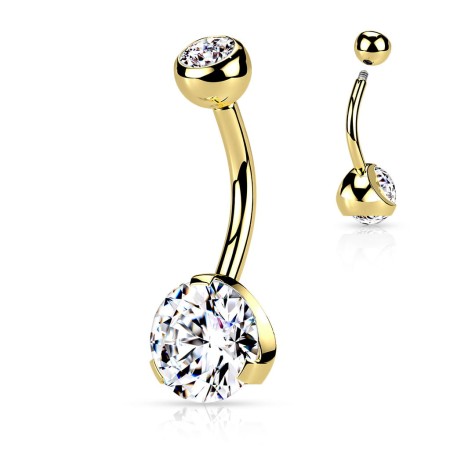 Złoty kolczyk do pępka z cyrkonią 3D to elegancka biżuteria wykonana ze stali chirurgicznej 316L z powłoką IP. Biała, brylantowo szlifowana cyrkonia dodaje blasku i głębi, tworząc efektowny, codzienny akcent.