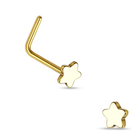 Zagięty kolczyk do nosa z gwiazdką 2 mm ze stali chirurgicznej 316L ze złotą powłoką PVD.  to trwała i elegancka biżuteria. Idealny do nostrila, łączy wygodę z subtelnym, błyszczącym akcentem na co dzień i od święta.