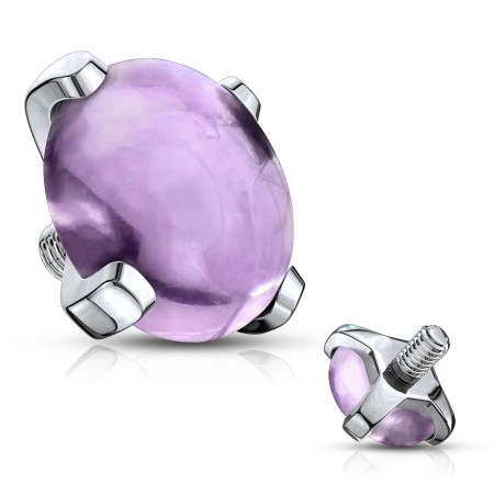 Nakrętka do microdermala z ametystem. Elegancka i trwała, wykonana ze stali chirurgicznej 316L. Ametyst symbolizuje harmonię i relaks, wspiera równowagę psychiczną. Pasuje do prętów 1,6 mm z gwintem wewnętrznym.