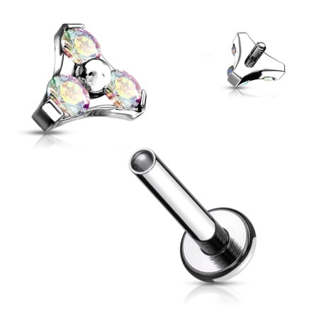 Labret z trzema kryształkami Aurora Borealis CZ. Opalizujący blask niczym zorza polarna. Stal chirurgiczna 316L, wewnętrzny gwint. Idealny do lobe, helix, tragus, conch i medusy.