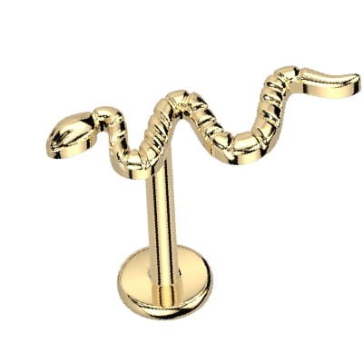 Labret tytanowy ze złotym wężem o gwincie wewnętrznym. Pasuje do helix, forward helix, lobe, upper lobe, flat helix, conch i tragus. Wąż długości 7 mm. Wykonany z tytanu chirurgicznego z powłoką PVD.